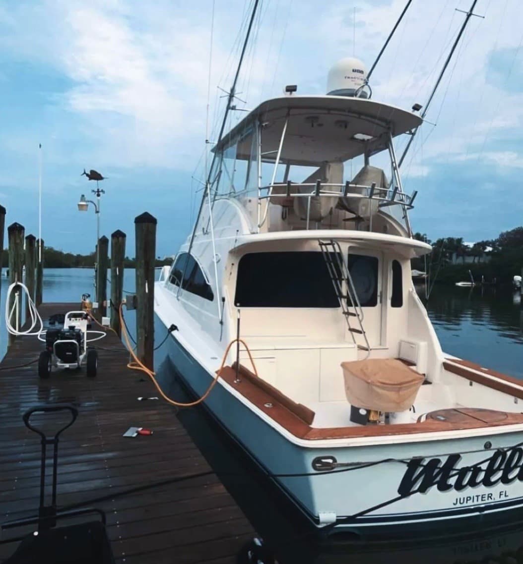 Sportfishing boat tied up at a dock